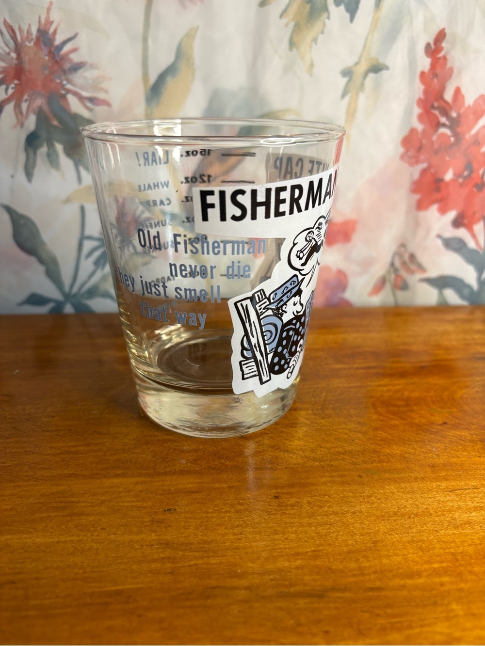 Vintage “Fisherman’s Nite Cap” Clear Glass Tumbler with Black and Blue Graphic